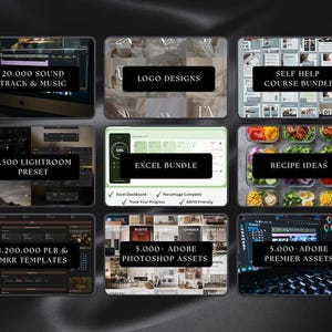 May include: A collection of digital product bundles, each with a black banner and white text. Bundles include sound tracks, logo designs, self-help courses, Lightroom presets, Excel templates, recipe ideas, Photoshop assets, and Premier assets.