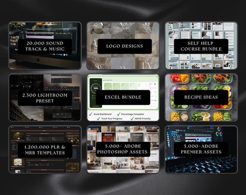 May include: A collection of digital product bundles, each with a black banner and white text. Bundles include sound tracks, logo designs, self-help courses, Lightroom presets, Excel templates, recipe ideas, Photoshop assets, and Premier assets.