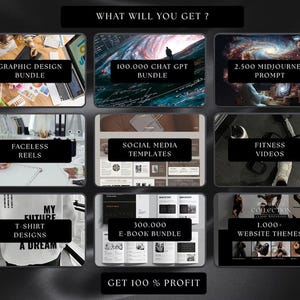May include: A promotional graphic with the text "WHAT WILL YOU GET?" and various product bundles, including "GRAPHIC DESIGN BUNDLE," "100.000 CHAT GPT BUNDLE," and "2.500 MIDJOURNEY PROMPT." Other bundles include "FACELESS REELS," "SOCIAL MEDIA TEMPLATES," and "FITNESS VIDEOS."