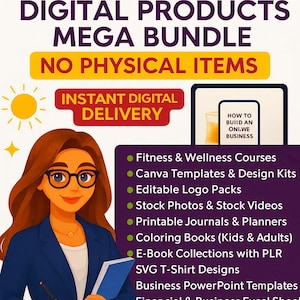 May include: A promotional graphic for a digital products mega bundle, featuring a cartoon woman with glasses and a list of digital products. The text includes "99M+ DIGITAL PRODUCTS MEGA BUNDLE" and "NO PHYSICAL ITEMS".