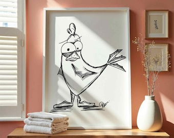 Confused Chicken Print | Funny Cartoon Bird Wall Art (Digital Download)