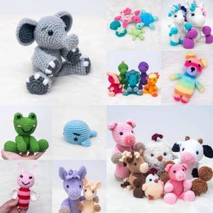 May include: A collection of handmade crochet stuffed animals, including an elephant, turtles, unicorns, dinosaurs, a bear, a frog, a whale, a pig, a cow, a horse, a chicken, and a bee. The toys are in various colors and sizes.