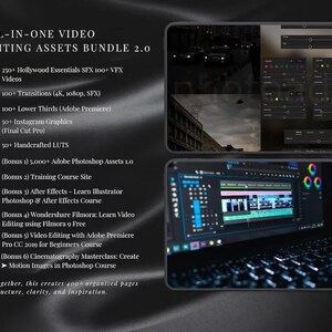 May include: An all-in-one video editing assets bundle 2.0, featuring 250+ Hollywood essentials, 100+ transitions, lower thirds, Instagram graphics, and handcrafted LUTs. Includes Adobe Photoshop assets, training courses, and more. The image also shows a laptop with video editing software.