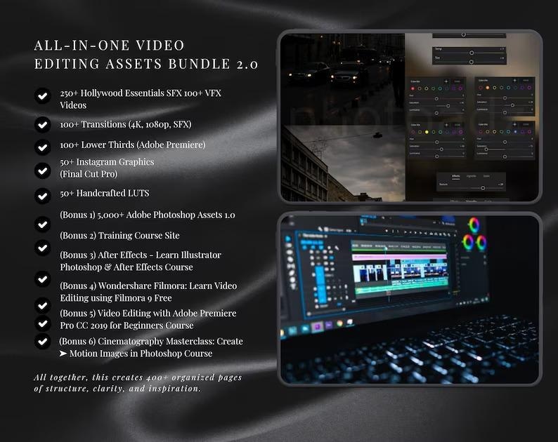 May include: An all-in-one video editing assets bundle 2.0, featuring 250+ Hollywood essentials, 100+ transitions, lower thirds, Instagram graphics, and handcrafted LUTs. Includes Adobe Photoshop assets, training courses, and more. The image also shows a laptop with video editing software.