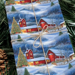 Vintage Farm House Christmas Wrapping Paper,  Vintage Gift Wrap EcoFriendly Paper Christmas Snowy Farm Gift Wrapping Paper, Farm Gift Wrap