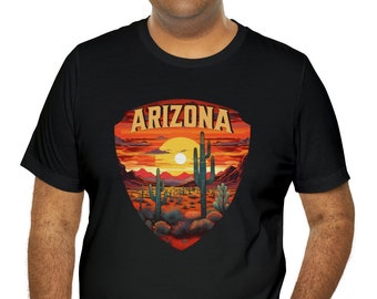Arizona Sonnenuntergang und Saguaro Kaktus Tshirt, Wüste T-Shirt, Geschenk für Wüstenliebhaber, schönes westliches Tshirt, buntes Kaktus T-Shirt, Arizona Hemd