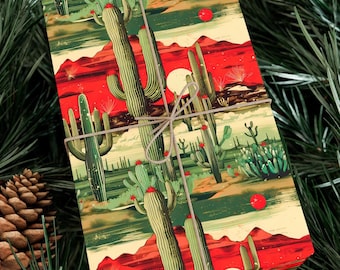 Vintage western kerstcadeaupapier, cactus cadeaupapier Milieuvriendelijk papier Southwestern Arizona Cadeaupapier Texas kerstverpakking