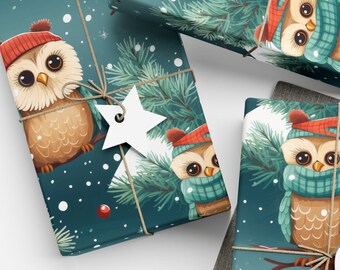 Papel de regalo con forma de búho, papel de regalo con animales, papel de regalo ecológico, adorables búhos en la nieve, papel de regalo para niños.