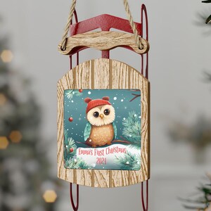 Baby&#39;s First Christmas Sled Ornament Personalized Cute Owl Ornament First Christmas Baby Girl Ornament Custom Owl Baby Ornament New Mom Gift