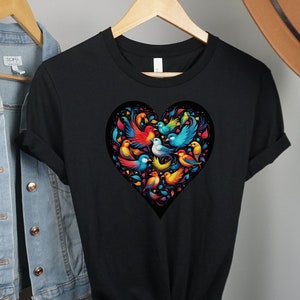 Bird Tshirt, Heart-shaped Bird Art on Unisex Jersey Short Sleeve Tee, Beautiful Bird Shirt, Bird Lover Gift, Bird Watcher Gift, Nature Gift