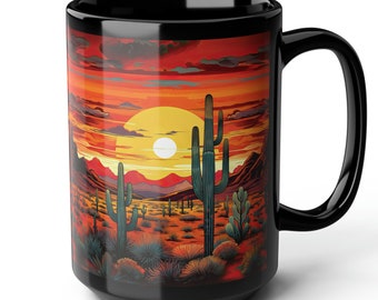 Southwestern Sunrise Cactus Mug Arizona Sunset and Saguaros 15oz Coffee Cup, Desert Lover Mug, Sunrise and Saguaro Cactus Mug Western Decor