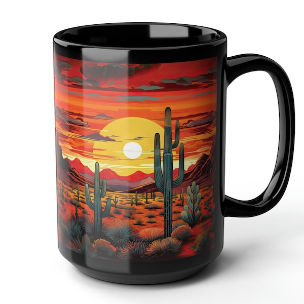 Southwestern Sunrise Cactus Mug Arizona Sunset and Saguaros 15oz Coffee Cup, Desert Lover Mug, Sunrise and Saguaro Cactus Mug Western Decor