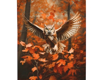 Velveteen Plush Blanket with Great Horned Owl in Fall Color Forest, Gift for Owl Lover,Kids Blanket,Couch Blanket,Throw Blanket with Owl Art