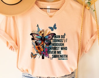 Camiseta cristiana, Todo lo puedo en Cristo, Filipenses 4:13, versículo bíblico, regalo para amigos, regalo para maestros de escuela dominical, religiosa.