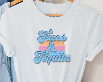 タコスとテキーラのレトロTシャツ、タコスチューズデーシャツ、タコスパーティーシャツ、友人へのギフト、タコス愛好家Tシャツ、テキーラ愛好家シャツ、タコスパーティーTシャツ