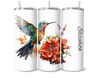 Personalized Hummingbird and Flowers Skinny Tumbler with Straw 20oz,  Hummingbird Art, Custom Tumbler Bird Lover Gift for Friend Nature Gift