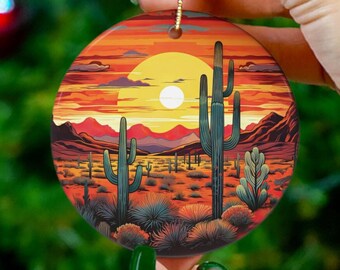 Western kerstornament, Arizona kerstornament Saguarocactusornament, woestijnkerst zuidwestelijke zonsondergang ornament Cadeauruil