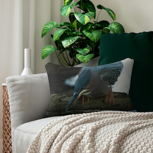 Grünes Reiher Lendenkissen - Geschenk für Vogelliebhaber - Naturbezogenes Dekor - Funktionelle Vogelkunst - Couchkissen - Dekokissen - Vogelbeobachter Geschenk