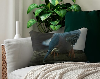 Grünes Reiher Lendenkissen - Geschenk für Vogelliebhaber - Naturbezogenes Dekor - Funktionelle Vogelkunst - Couchkissen - Dekokissen - Vogelbeobachter Geschenk