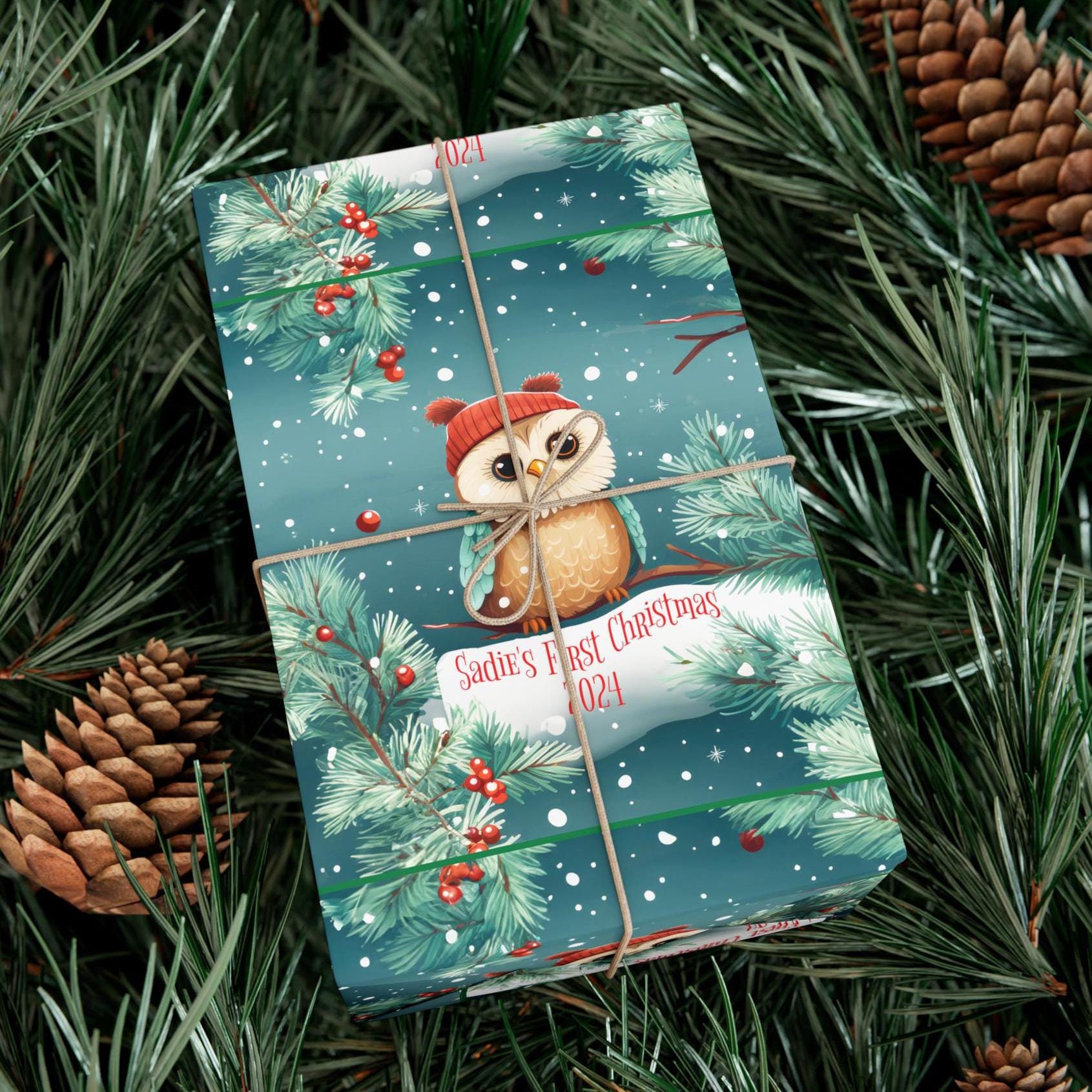 Personalized Baby's First Christmas Gift Wrapping Paper, Owl Baby Gift Wrapping Paper, New Paren