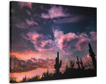 Impresión en lienzo de un cactus saguaro al atardecer, arte mural de un paisaje de Arizona con cielo nocturno y desierto, arte original de un cactus saguaro, cielo estrellado.
