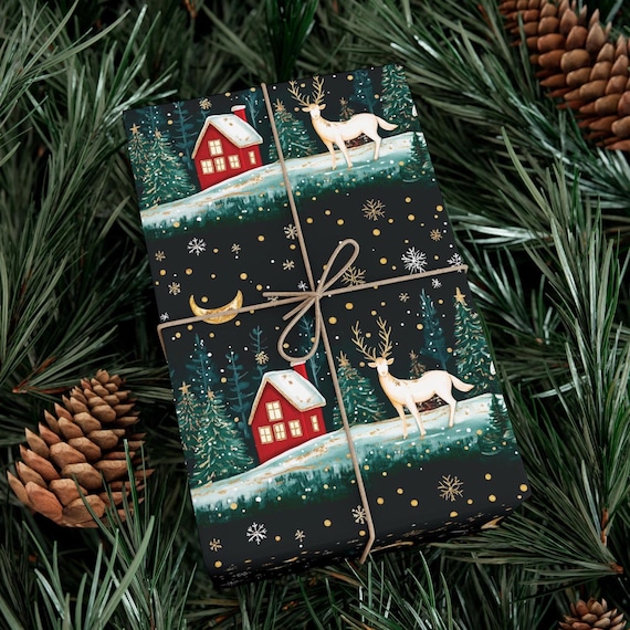 Mystical Moon Black Wrapping Paper Forest with Deer Gift Wrap Winter Night Sky Cottagecore Wrapping Paper Elk in Snow Christmas Farm House