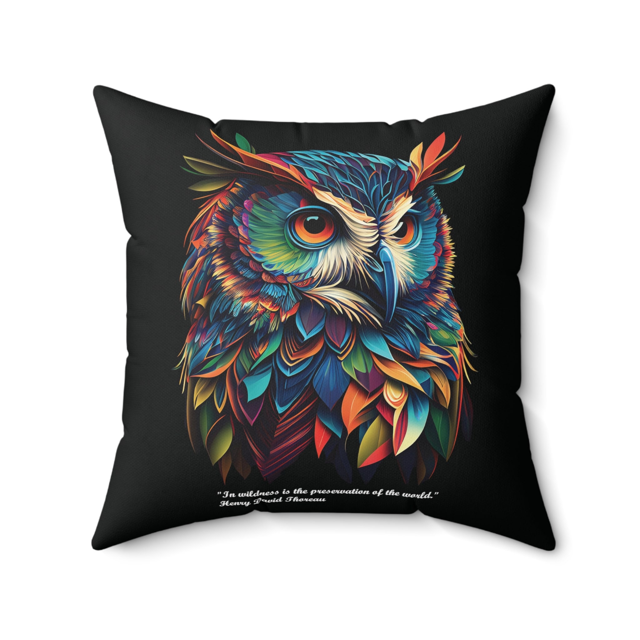 Colorful Owl Art on Spun Polyester Square Pillow with Thoreau Quote Couch Throw Pillow Bird Gift for