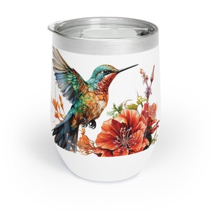 Hummingbird Floral Wine Tumbler, Double-Insulated Wine Tumbler, Birder Gift, Watercolor Bird Tumbler, Elegant Tumbler, Colorful Wine Tumbler