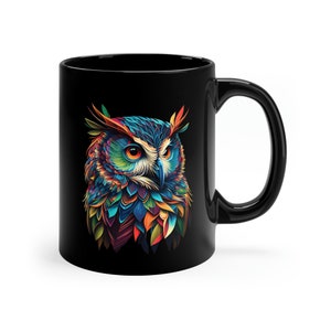 Beautiful Owl Art on 11oz Black Coffee Mug Gift for Owl Lover Birder Gift Unique Coffee Mug Functional Art Decorative Mug Gift Birdwatcher
