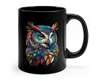 Beautiful Owl Art on 11oz Black Coffee Mug Gift for Owl Lover Birder Gift Unique Coffee Mug Functional Art Decorative Mug Gift Birdwatcher