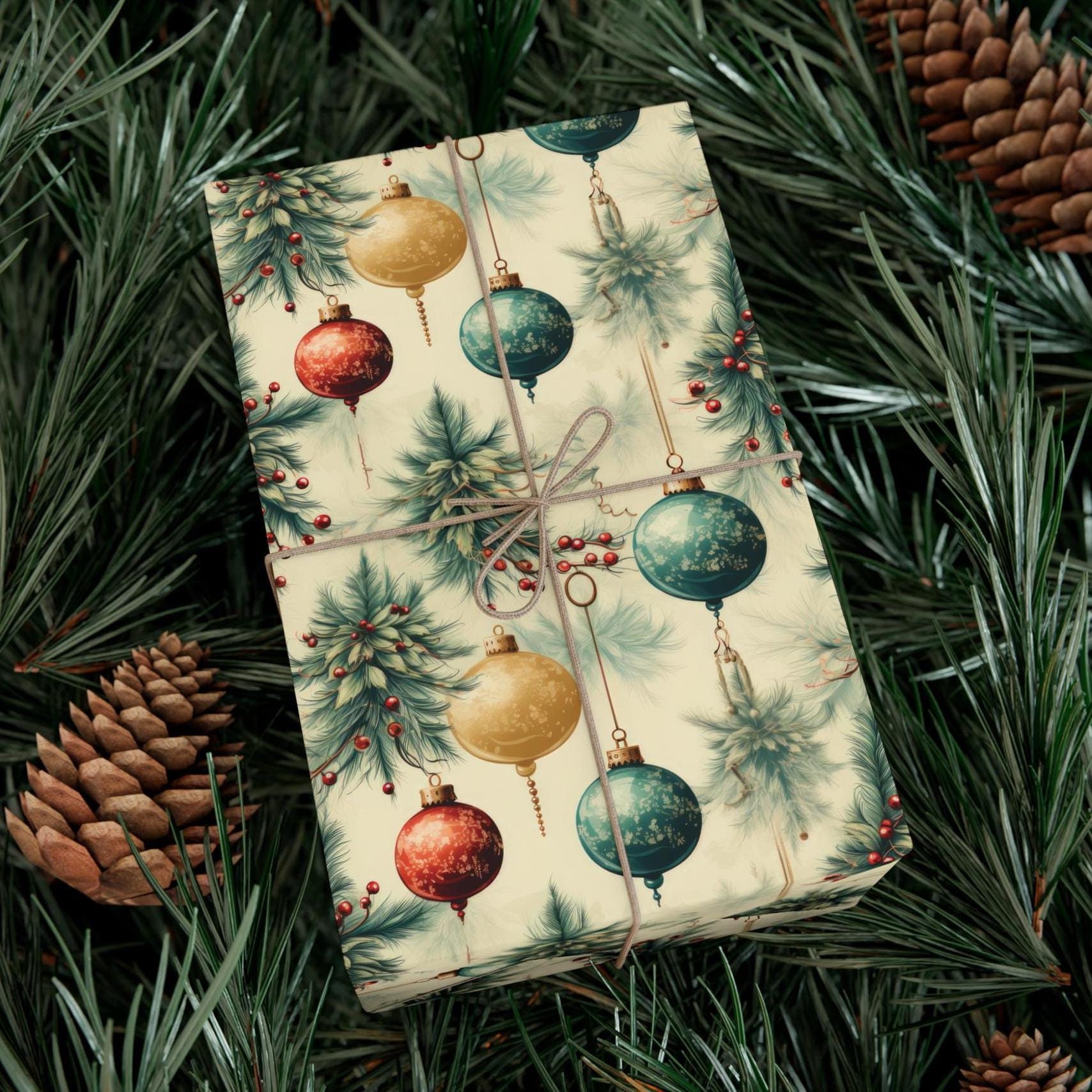 Vintage Christmas Ornament Gift Wrapping Paper Vintage Style Christmas Paper EcoFriendly Wrapping Paper Old Style Christmas Ornament Paper