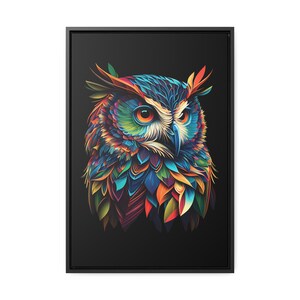 Gorgeous Owl Art on Gallery Canvas Wrap with Frame, Gift for Owl Lover, Colorful Great Horned Owl Wall Art, Birder Gift, Bird Lover Gift