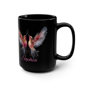 Personlig kolibrimugg, svart 45 cl fågelmugg, present till vän, elegant fågelkaffemugg, mikrovågs- och diskmaskinssäker mugg, fågelskådarpresent bild 3