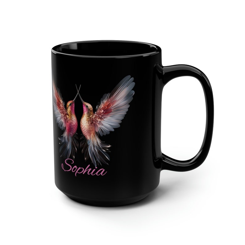 Personlig kolibrimugg, svart 45 cl fågelmugg, present till vän, elegant fågelkaffemugg, mikrovågs- och diskmaskinssäker mugg, fågelskådarpresent bild 3