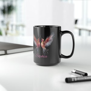 Personlig kolibrimugg, svart 45 cl fågelmugg, present till vän, elegant fågelkaffemugg, mikrovågs- och diskmaskinssäker mugg, fågelskådarpresent bild 9