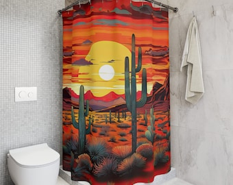 Arizona zonsopgang en Saguaro kunst op polyester douchegordijn, zuidwestelijk decor, westerse stijl, leven in de Sonorawoestijn, cactus functionele kunst