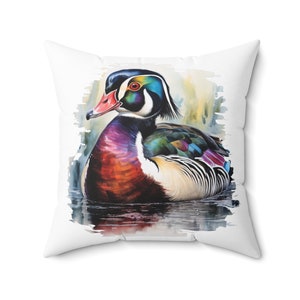 Gorgeous Wood Duck Watercolor Couch Pillow, Duck Throw Pillow, Lodge Decor, Cabin Decor, Bird Watcher Gift, Housewarming Gift for Friend