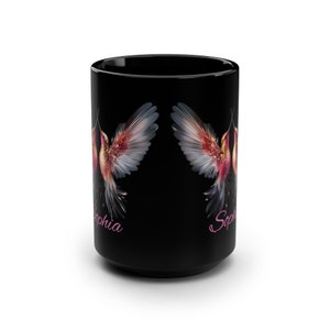 Personlig kolibrimugg, svart 45 cl fågelmugg, present till vän, elegant fågelkaffemugg, mikrovågs- och diskmaskinssäker mugg, fågelskådarpresent bild 2