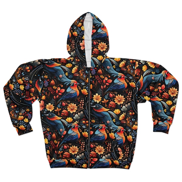 Colorful Bird Art Zip Hoodie All Over Print Zippered Hoodie with Bird Art, Unique Colorful Hoodie, Wearable Art, Gift for Bird Watcher