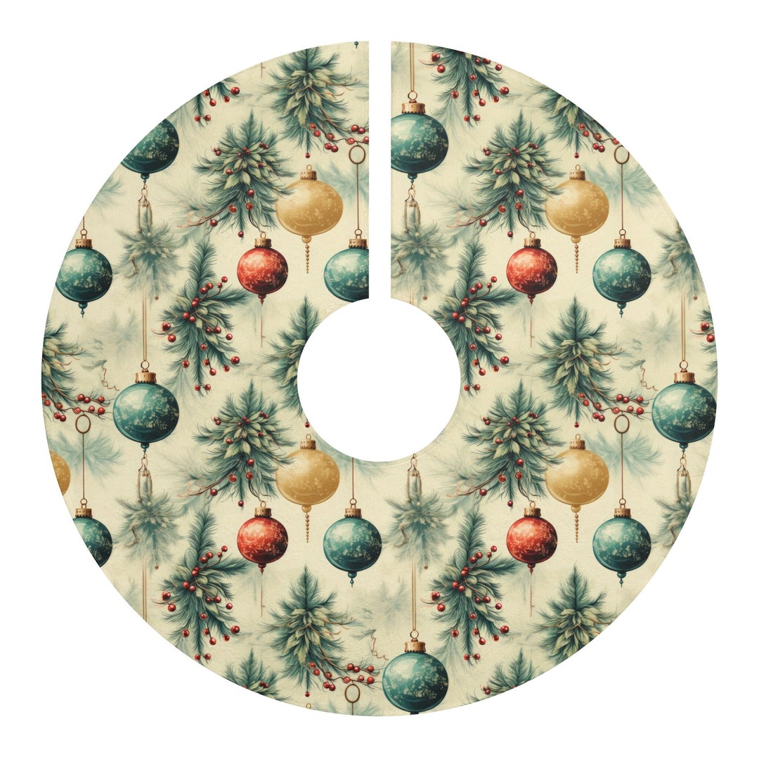 Vintage Christmas Tree Skirt With Christmas Ornament Pattern, Tree