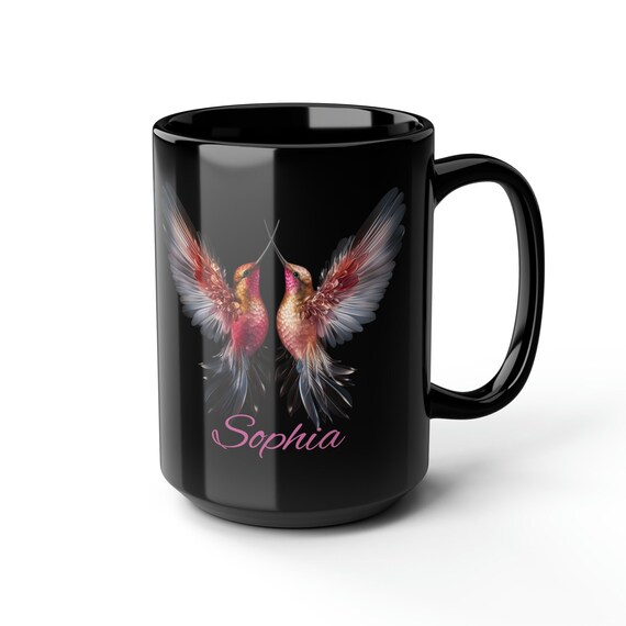 Personalized Hummingbird Mug, Black 15oz Bird Mug, Gift for Friend, Elegant Bird Coffee Mug, Microwave and Dishwasher Safe Mug, Birder Gift