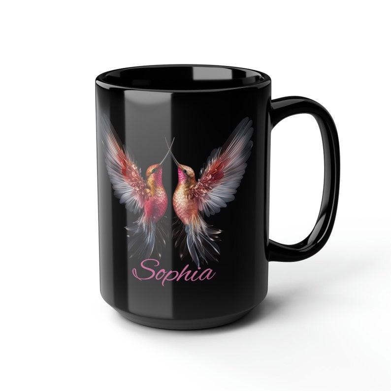 Personlig kolibrimugg, svart 45 cl fågelmugg, present till vän, elegant fågelkaffemugg, mikrovågs- och diskmaskinssäker mugg, fågelskådarpresent bild 1