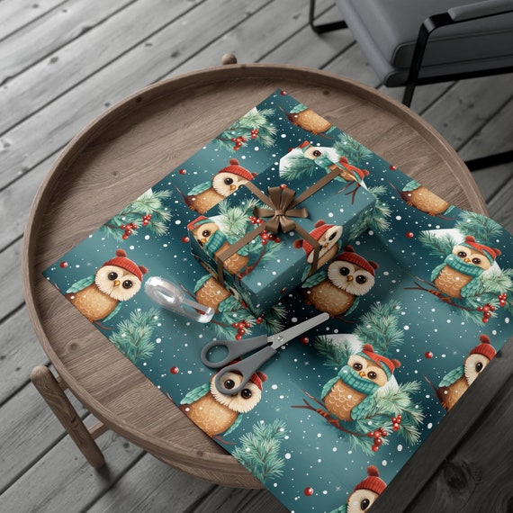Carta Regalo Gufi 6 Fogli 70x50 Cm Con Adesivi | Design Gufi Sull'Albero Foresta, Riciclabile FSC | Central 23