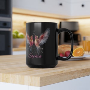 Personlig kolibrimugg, svart 45 cl fågelmugg, present till vän, elegant fågelkaffemugg, mikrovågs- och diskmaskinssäker mugg, fågelskådarpresent bild 7