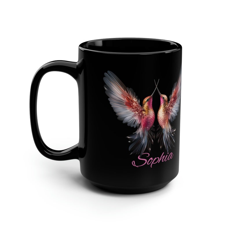 Personlig kolibrimugg, svart 45 cl fågelmugg, present till vän, elegant fågelkaffemugg, mikrovågs- och diskmaskinssäker mugg, fågelskådarpresent bild 5