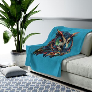 Velveteen Plush Blanket with Colorful Owl Art Mothers Day Gift Cozy Blanket Gift for Owl Lover Bird Gift for Bird Watcher Owl Themed Decor