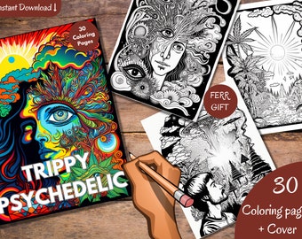 Grayscale Trippy Psychedelic Coloring Book Set 1 | 30 Printable Adult Coloring Pages | Download Grayscale Illustration | Printable PDF file