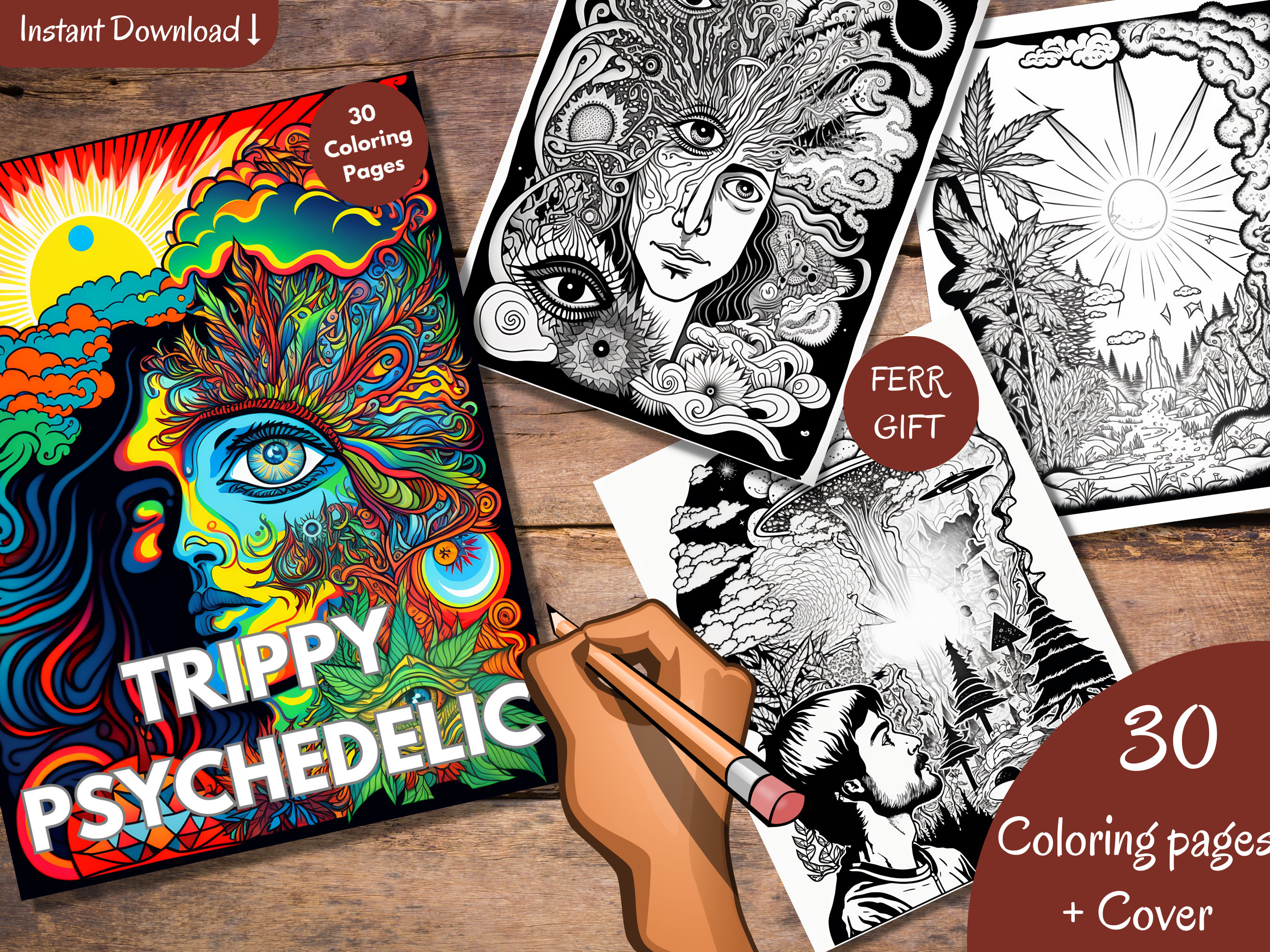 Grayscale Trippy Psychedelic Coloring Book Set 1 | 30 Printable Adult ...