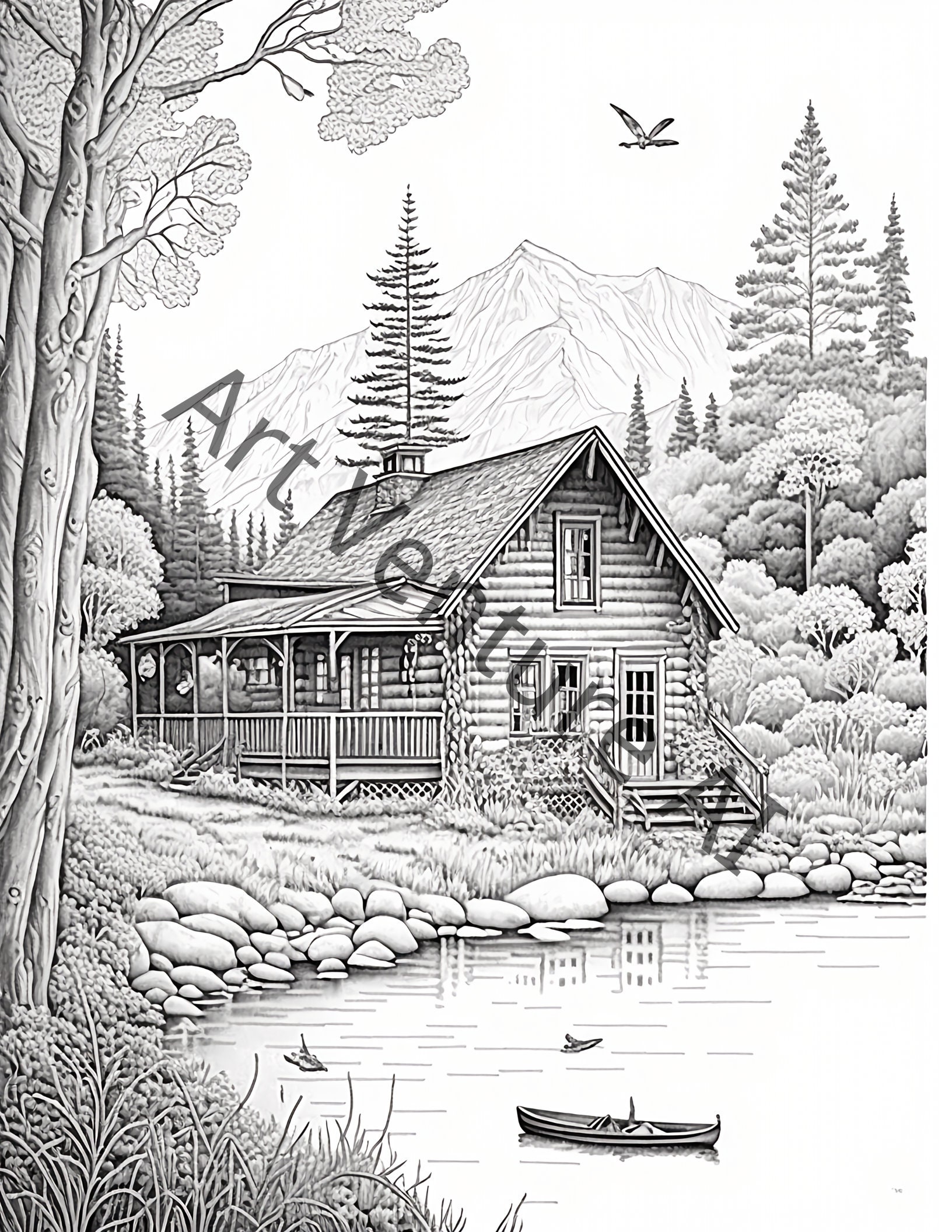 Grayscale Wilderness Cabin Coloring Book for Adult | 30 Printable Adult ...