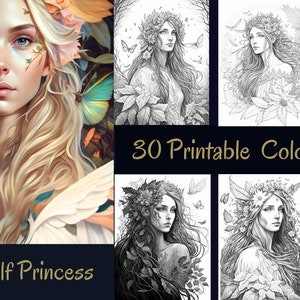 Grayscale Elf Princess Coloring Book Set 1 | 30 Printable Adult Coloring Pages | Download Grayscale Illustration | Printable PDF file | AI